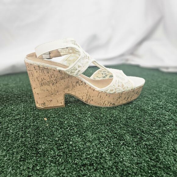 American Eagle Lace Strap Peep Toe Wedge Women’s Shoes Cork Bottom Cream Size 9 - Picture 6 of 9